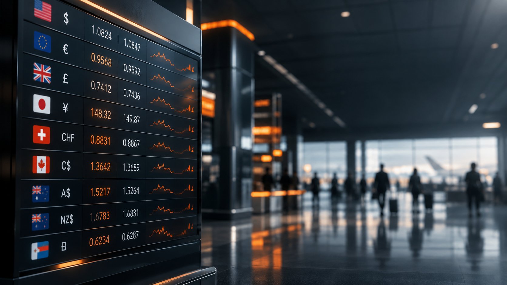 Airport style currency exchange rate board with abstract digits and blurred figures