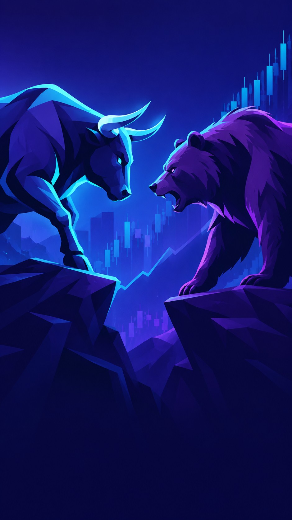 Bull and a bear facing each other on a chart landscape