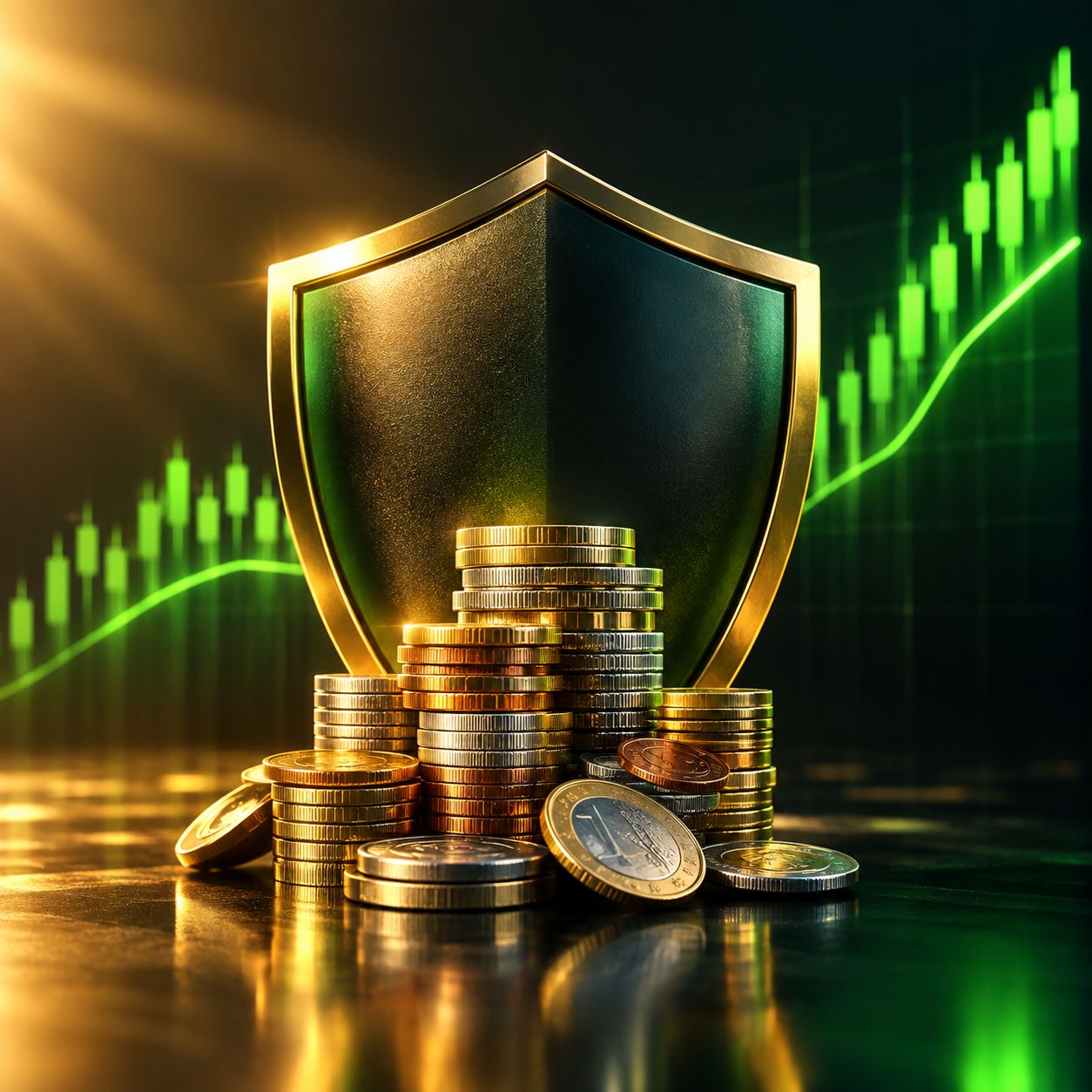 Shield protecting a stack of mixed currency coins with a chart behind
