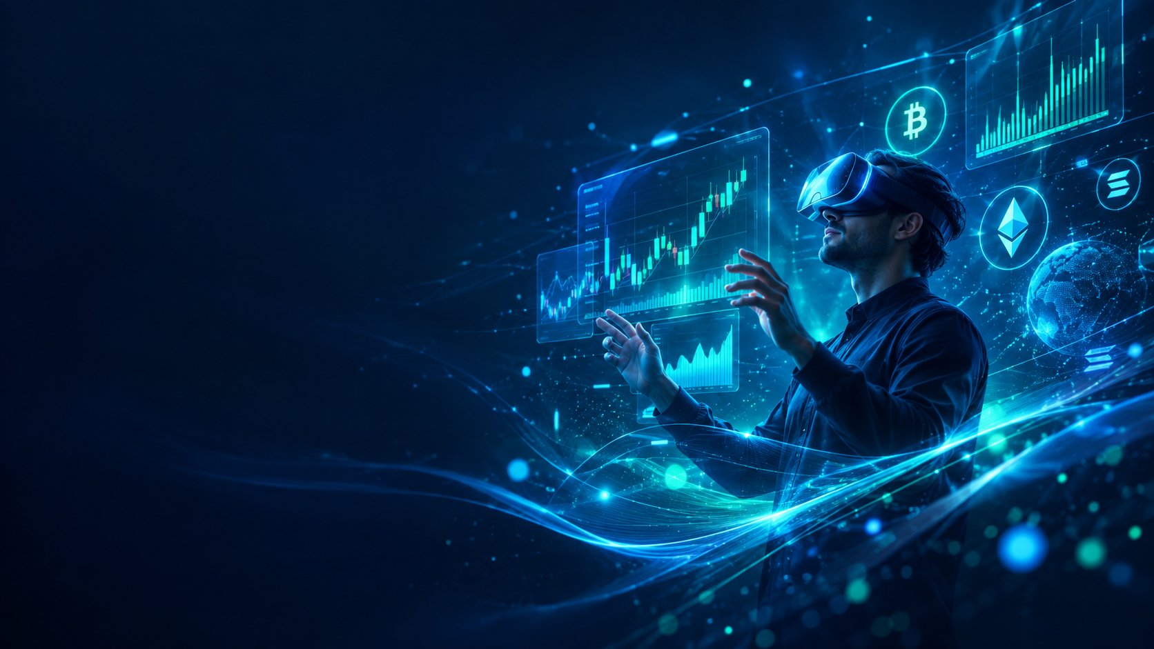 Trader wearing a vr headset surrounded by holographic crypto charts